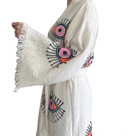 Handmade Evil Eye Kimono, Robe, Kaftan 100% COTTON one size XS-XL (0-14) - Picture 2 of 3